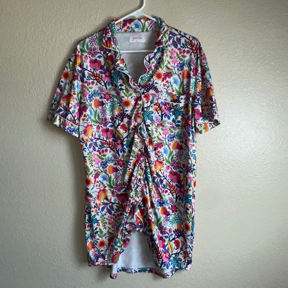 Floral Button Front Sleep Shirt Short Sleeve Nightgown Multicolor Women Size M
